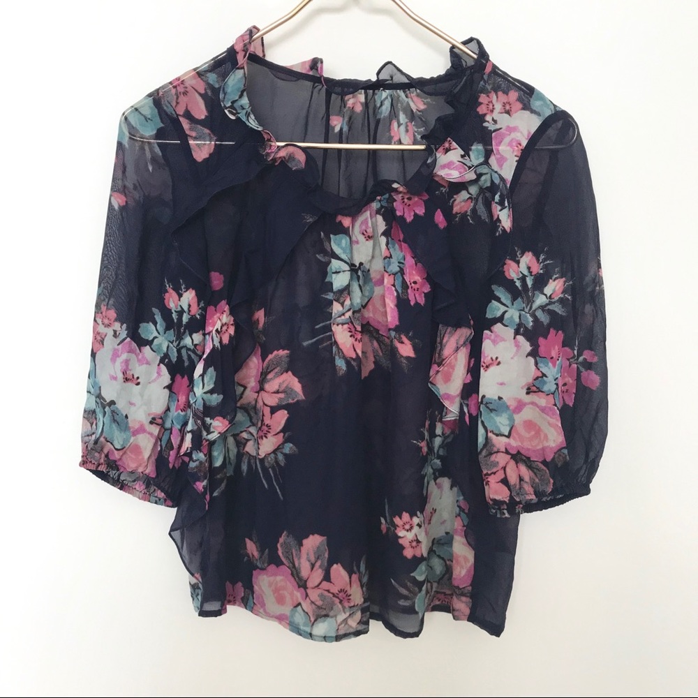 Anthro Sheer Silk Ruffled Floral Blouse XSP